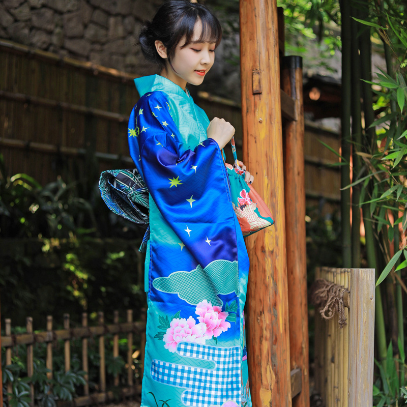 Japanese Ethnic Clothing female elk large vibration sleeve kimono formal dress Tokyo Lady gorgeous Standard kimono Green Blue