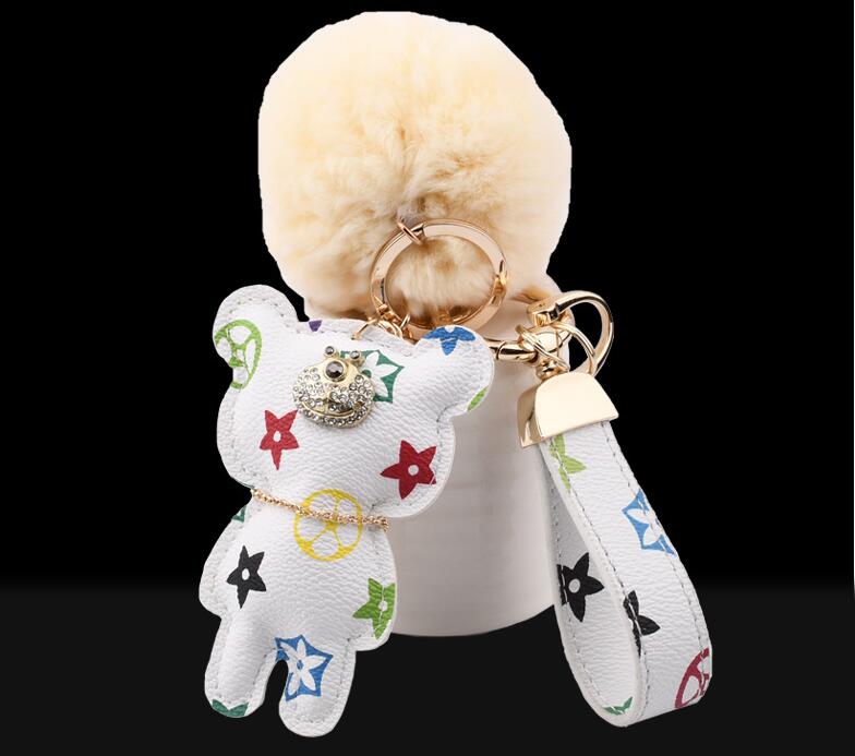 Fashion keychain Cute bear Print Pattern PU leather keychains Car Accessories Key Ring Lanyard Key Wallet Chain Rope Chain set