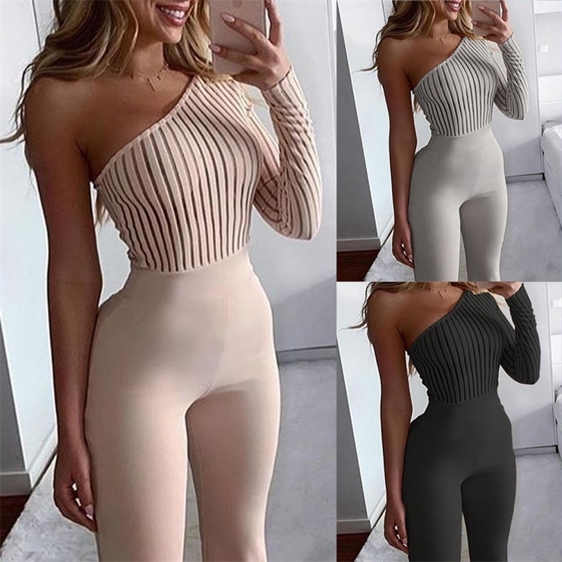 OMSJ 209 New Hot Striped Sexy One Shoulder Bodycon Rompers Jumpsuit Women Skinny Autumn Winter Cotton Knitted Playsuit Overalls T200509