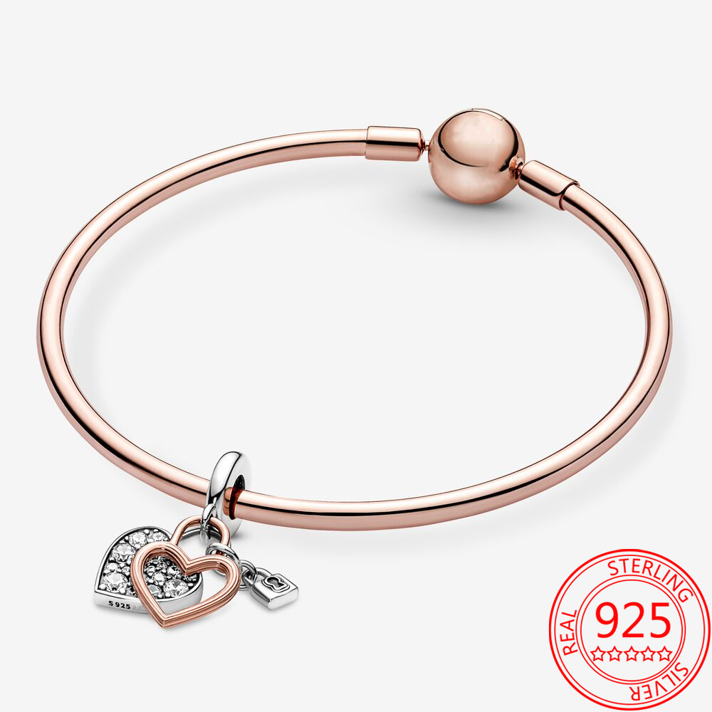 New Popular 925 Sterling Silver Rose Gold Heart Padlock Double Charm For Snake Bracelet DIY Jewelry Girl Gift Making