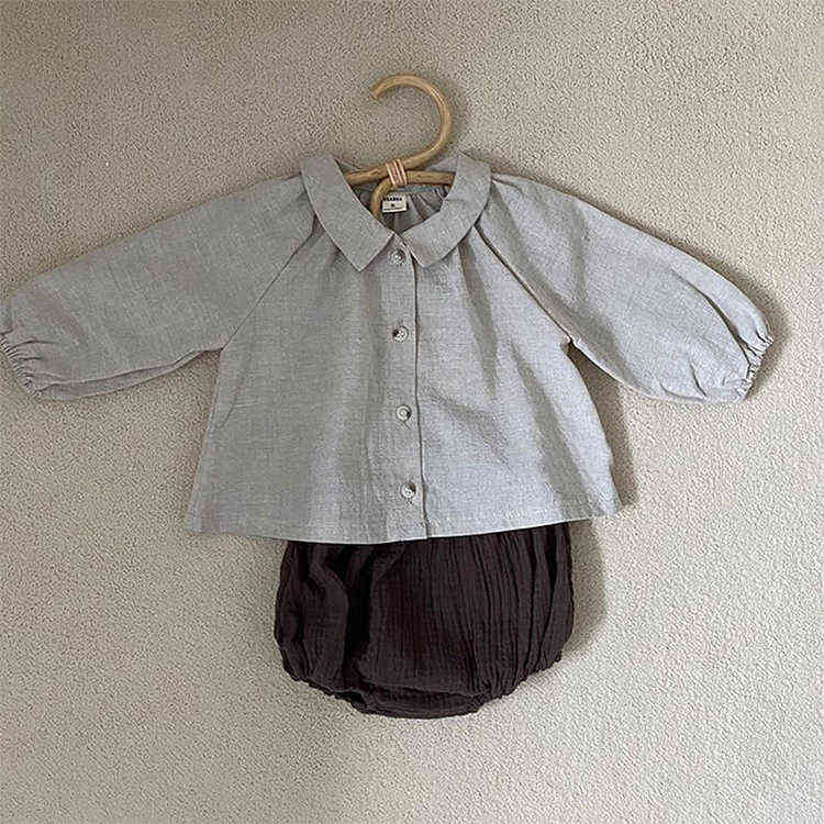 New Summer Korean Cute Baby Boys Girl Clothes Sets Doll Lapel Shirt Long Sleeve Lantern Shorts Suit Children's Clothing Suit AA220316