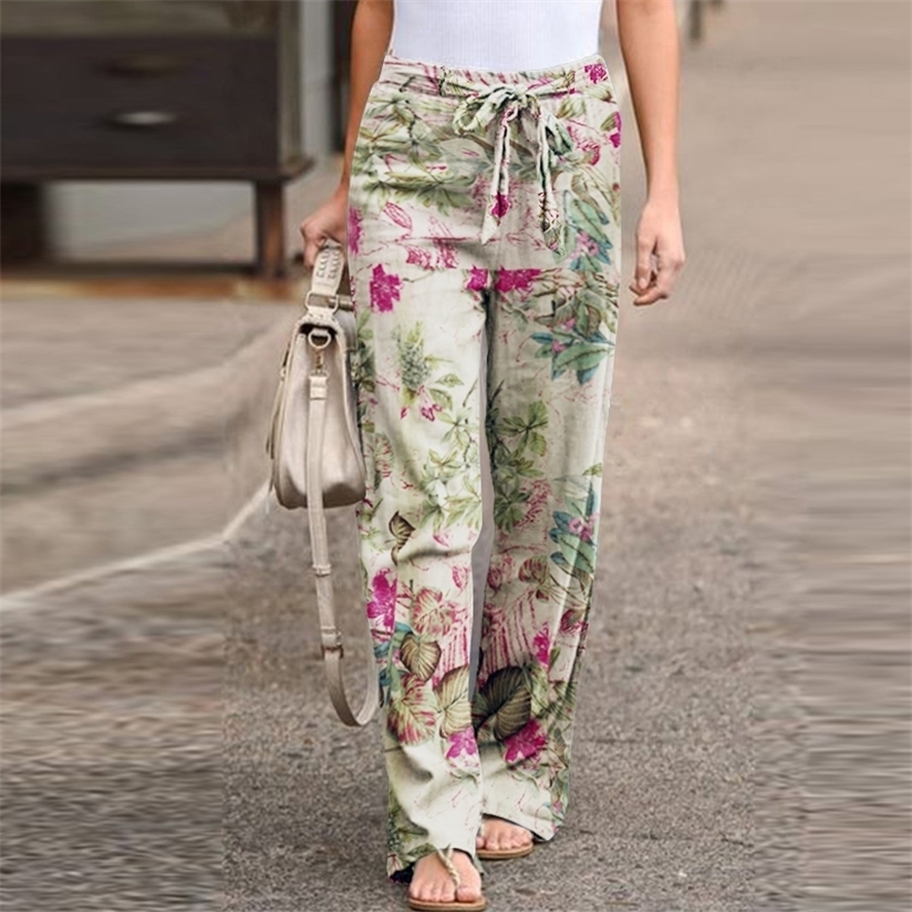 Vintage Women Drawstring Trousers Spring Autumn Fashion Floral Printed Wide Leg Pants Ladies Casual Loose Long Pantalones 220325