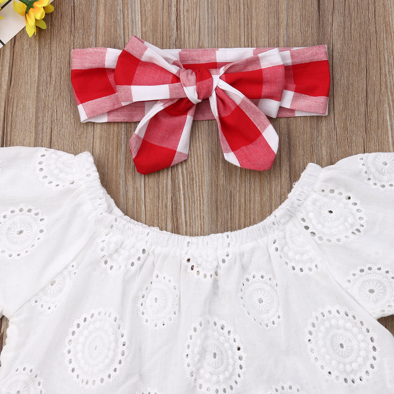 Lioraitiin 3Pcs Set 024M born Baby Girl Clothes Cute Summer Off Shoulder Lace Tops Red Plaid Short Dress Headband Outfit 220607