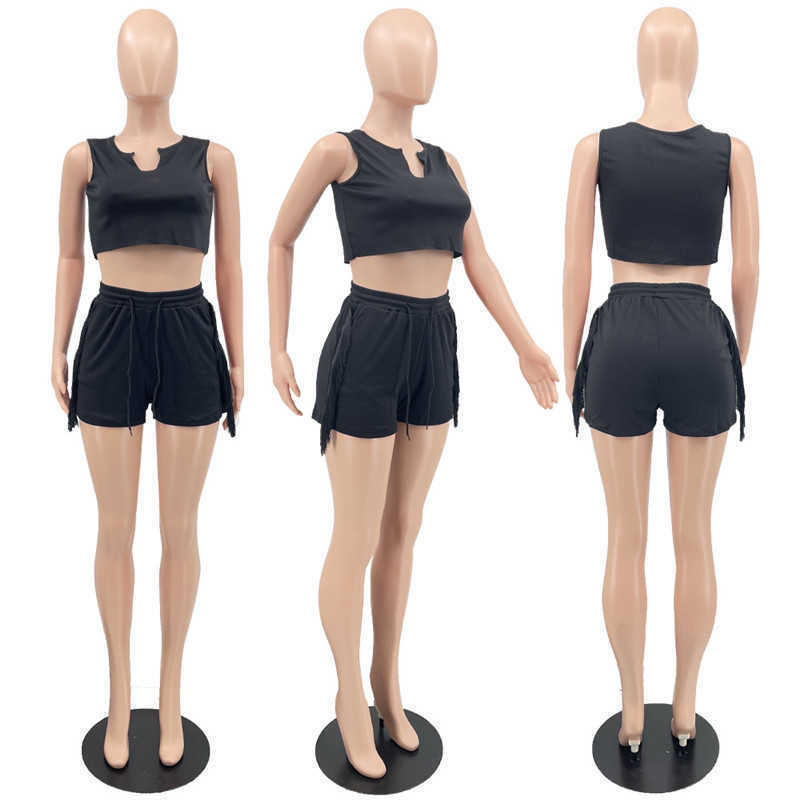 Summer 2023 Tassels Women Tracksuits Vest Shorts Solid 2PCS Set Crop Top Drawstring Short Pants Outfits