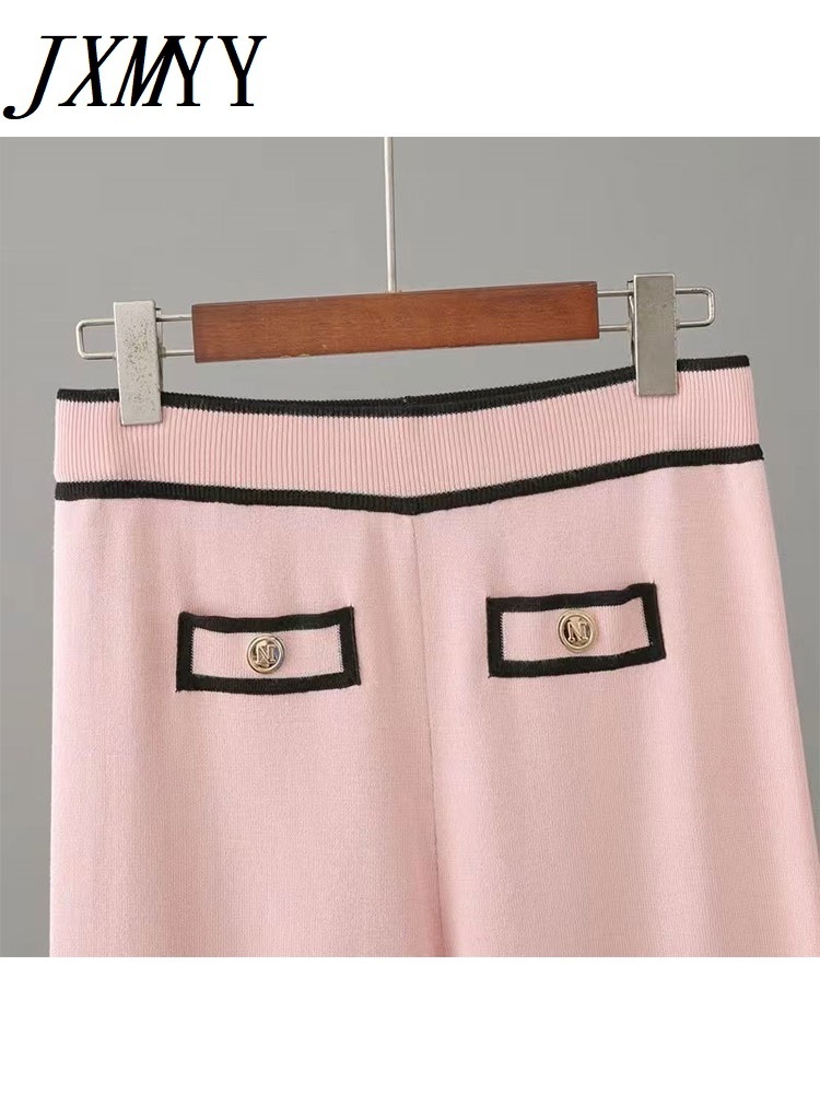 JXMYY Early Autumn Long-Sleeve Knit Suit Lace-Up Waist Mid-Length V-Neck Cardigan + Wide-Leg Pants Two-Piece Female 220315