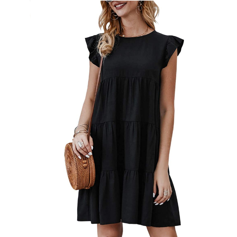 Women Summer Casual Dresses Sleeveless Ruffle Sleeve Round Neck Mini Dress Solid Color Loose Fit Short Flowy Pleated Dress