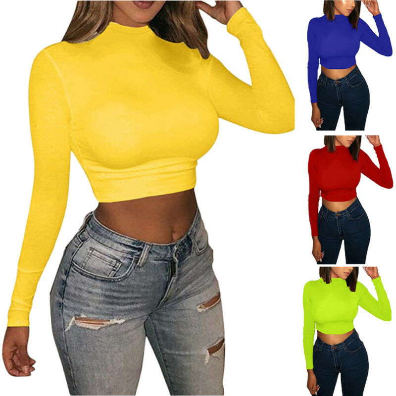 Women Solid Color Turtleneck Long Sleeve Crop Top Slim Pullover Casual Tank Base T Shirt Fluorescent Green 220714