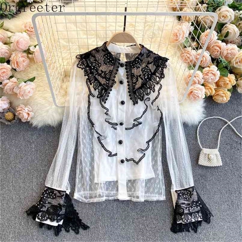 Summer Women's Tops Fashion Sexy Sheer Lace Patchwork Mesh Blouse Flare sleeve Beaded Single-Breasted Shirts Elegant Blusas 210602, Black
Summer Women's Tops Fashion Sexy Sheer Lace Patchwork Mesh Blouse Flare sleeve Beaded Single-Breasted Shirts Elegant Blusas 210602, Black