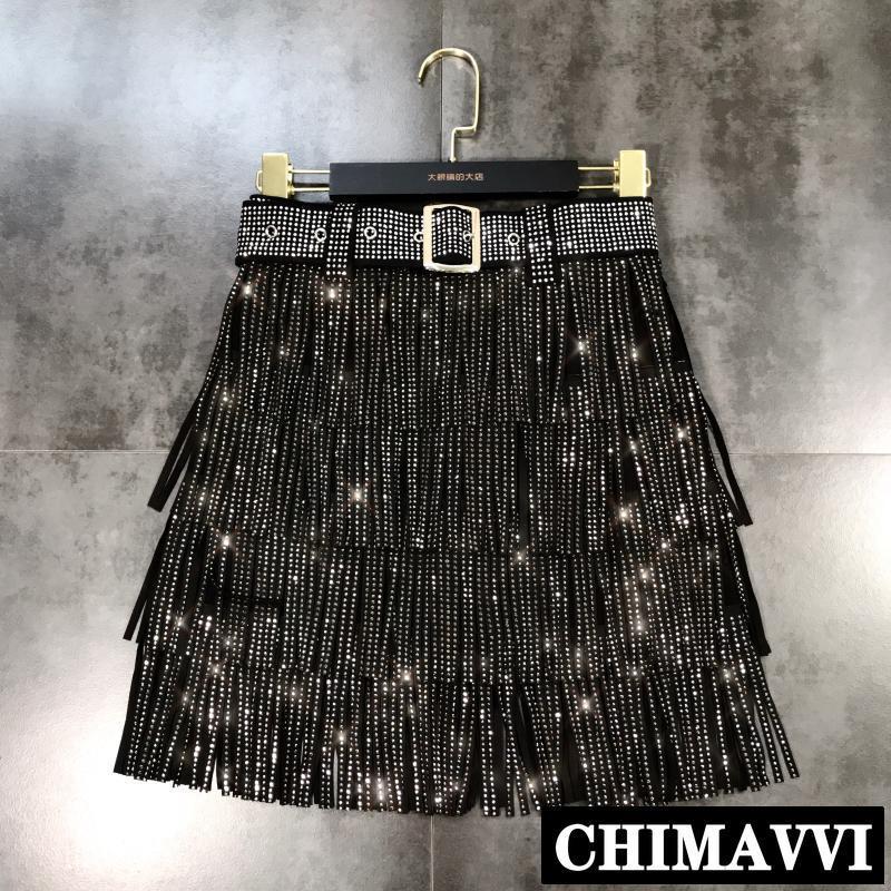 Spring Heavy Drilling s Fringed Skirt with Belt Women's High Waist Multi Layer Short Cake Skirts 220322