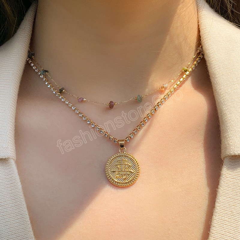 Romantic Layered Necklace Natural Stone Fine Chain Necklace for Women Fashion Rhinestone Metal Disc Text Necklaces