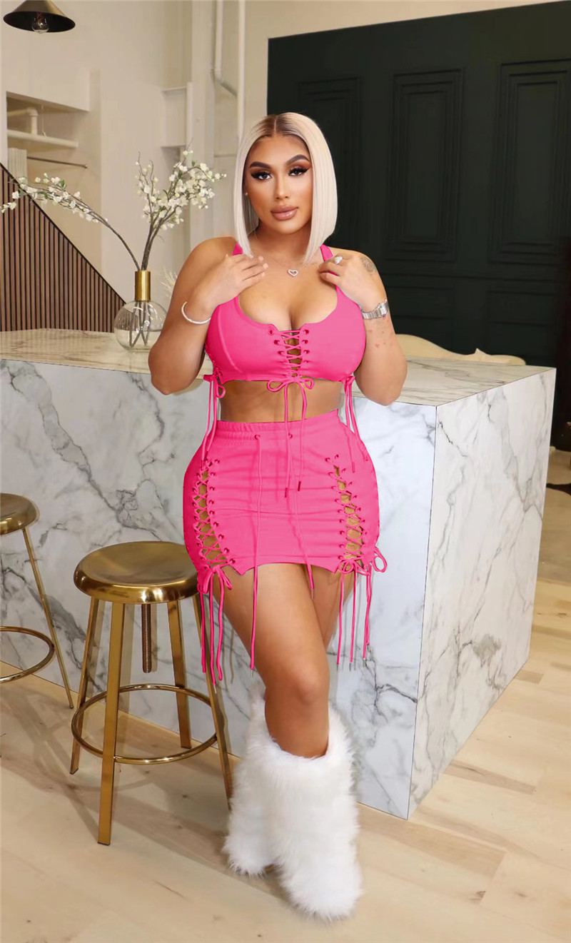 New Wholesale Sexy Women Dress Sets Summer Skirt Suits Sexy V neck Bandage Crop Top+hollow Out Mini Skirt Matching Set Night Club Wear Bulk 7339