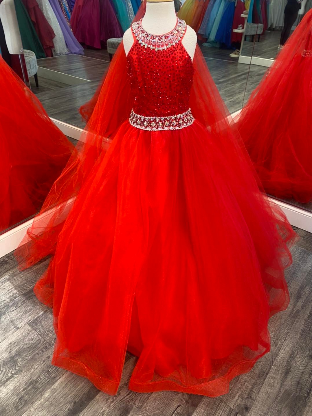 Crystals Girl Pageant Dress 2022 Ballgown AB Stone Red Organza little Kid Birthday Formal Party Gown Toddler Teens Preteen with Tulle Cape Halter Neck
