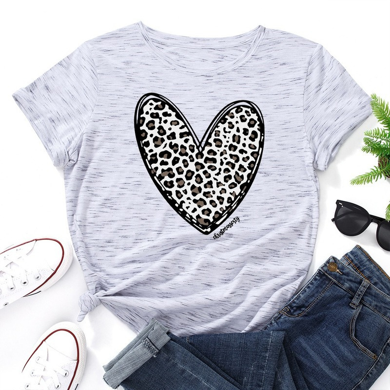 Summer Women Cotton 100% T Shirts Short Sleeve Fashion Heart Leopard Print Ladies Casual Graphic Clothes Female Regular Tee Tops 220321