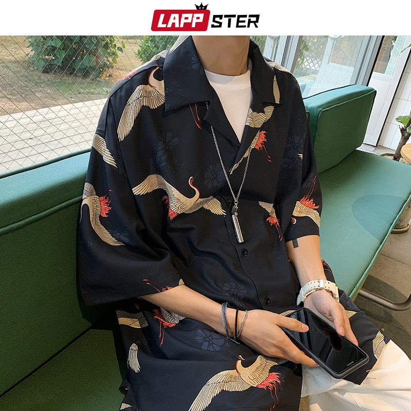 LAPPSTER Mens Crane Print Shirts Harajuku Summer Vintage Button Up Short Sleeve Male Korean Fashions Smooth Blouses 220322