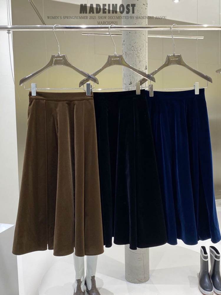 TIGENA Vintage Velvet Midi Long Skirt Women Fall Winter Elegant All-match Solid A Line High Waist Mid-length Female 220317