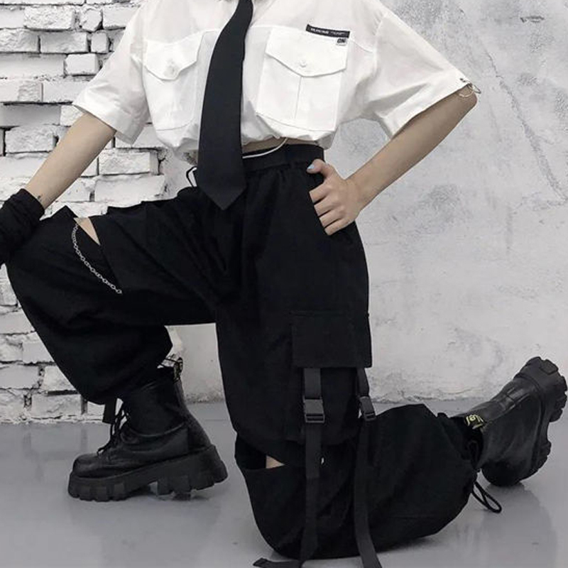 Autumn Fashion Cargo Pant Gothic Punk Black Wide Leg Lady Korean Street Wear Casual Trousers 220325