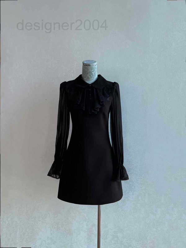 Casual Dresses designer 2022 early autumn new mulberry silk Georgi lace decorative collar Ruffle sleeve slim long dress small black R4K9