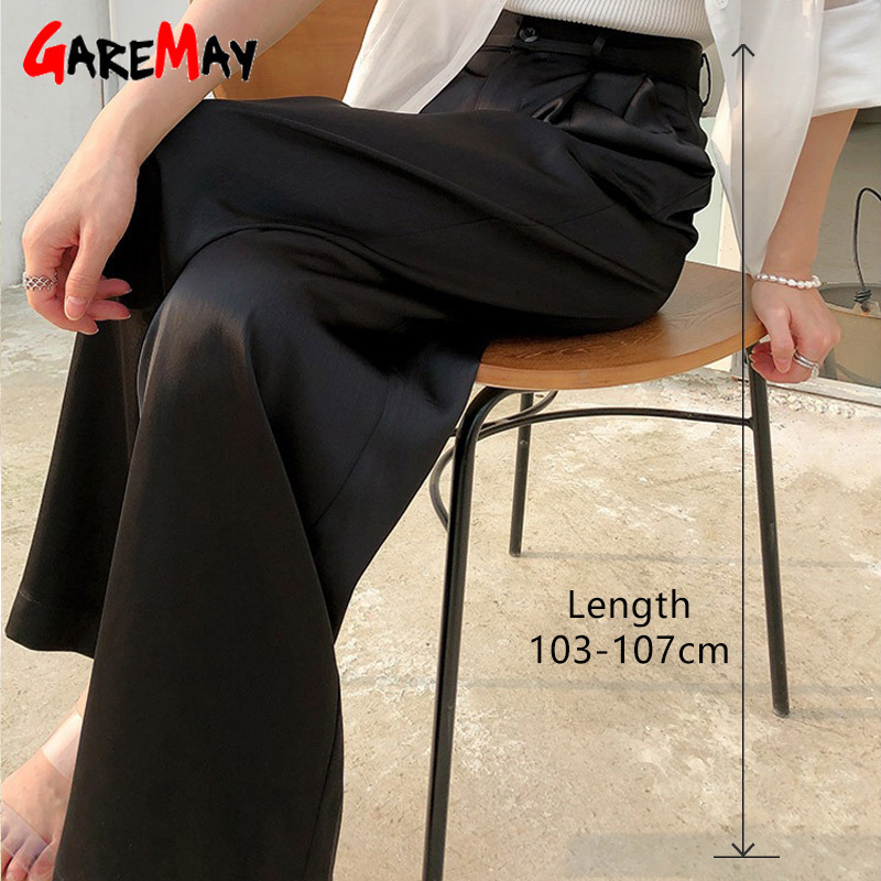 Summer Autumn Women's Pants Loose Classic Black Straight High Waist Casual Korean Silk Satin Wide Leg Trousers for Women 220325