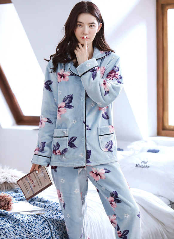 2 Pieces Winter Women Thicken Warm Soft Pajamas Female Flannel Set Mujer Long Sleeve Sleepwear for Girls Ladies Pyjamas 220329