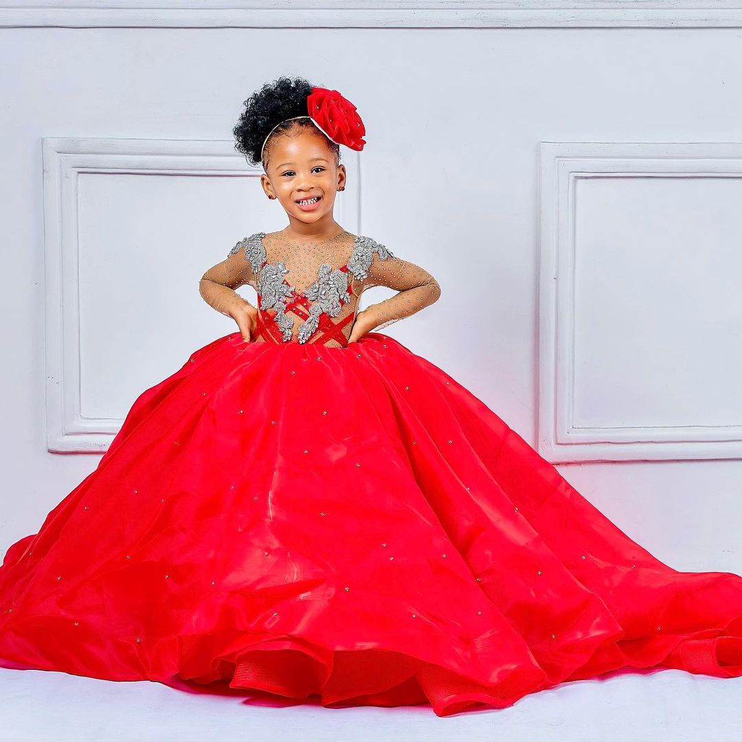 Luxurious Red Crystals Flower Girl Dresses Sheer Neck Ball Gown Little Girl Wedding Dress Communion Pageant Gowns ZJ555