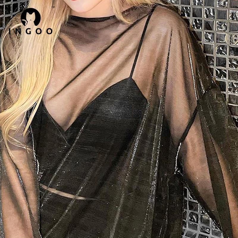 INGOO Green Shiny Cyber Punk T-Shirts Women Night Club Sexy Mesh See Through Long Sleeve Loose Tops Black Y2k Fashion Streetwear 220516