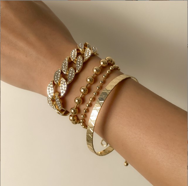 4pcs/set Luxury Bling Diamond Link Bracelet Set Tennis Cuban Bangle Bracelets for Women and Men Adjustable Clear Crystal Chunky Charms Wristband Hand 