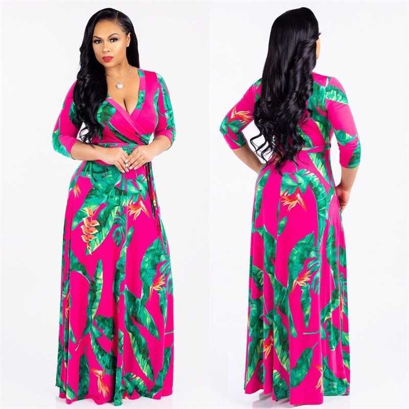 Woman Maxi Dresses Spring Fall V Neck Floral Printed Ruffle Lace Up Casual Dress Plus Size 3XL