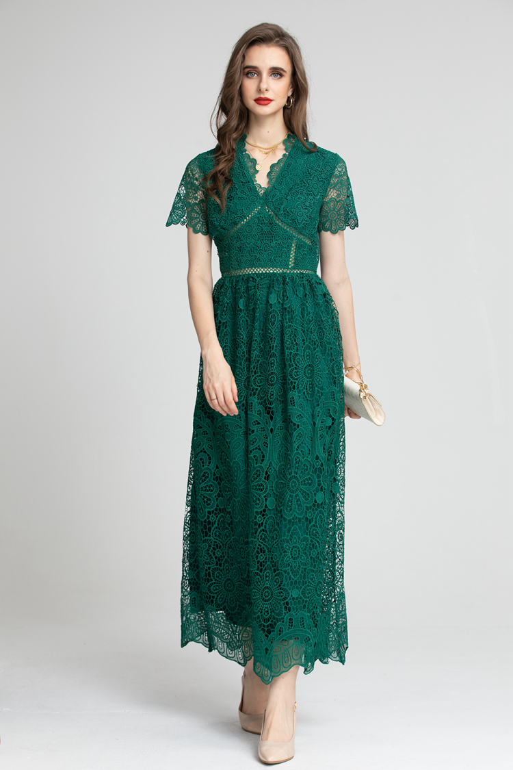 Women's Runway Dresses V Neck Short Sleeves Embroidery High Street Fashion European Style Lace Dress Vestidos