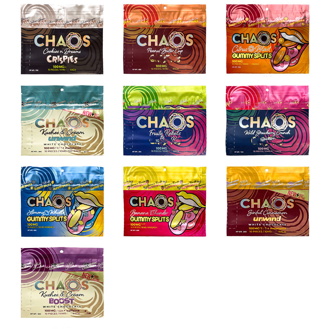 Infused CHAOS 100MG mylar bags candy bag smell proof zipper edible packaging BOOST WHITE CHOCALATE UNWING gummy SPLITS
Infused CHAOS 100MG mylar bags candy bag smell proof zipper edible packaging BOOST WHITE CHOCALATE UNWING gummy SPLITS