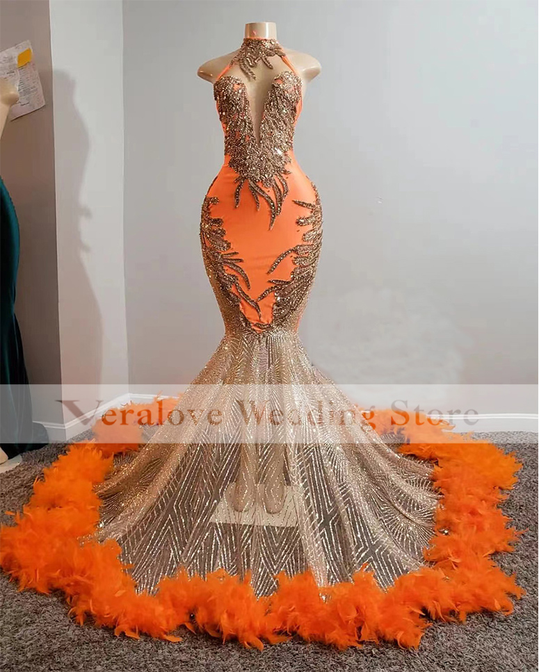 Newly Orange Mermaid Prom Dress With Feathers 2022 Sequins Top Beading Evening Gowns For Women Party