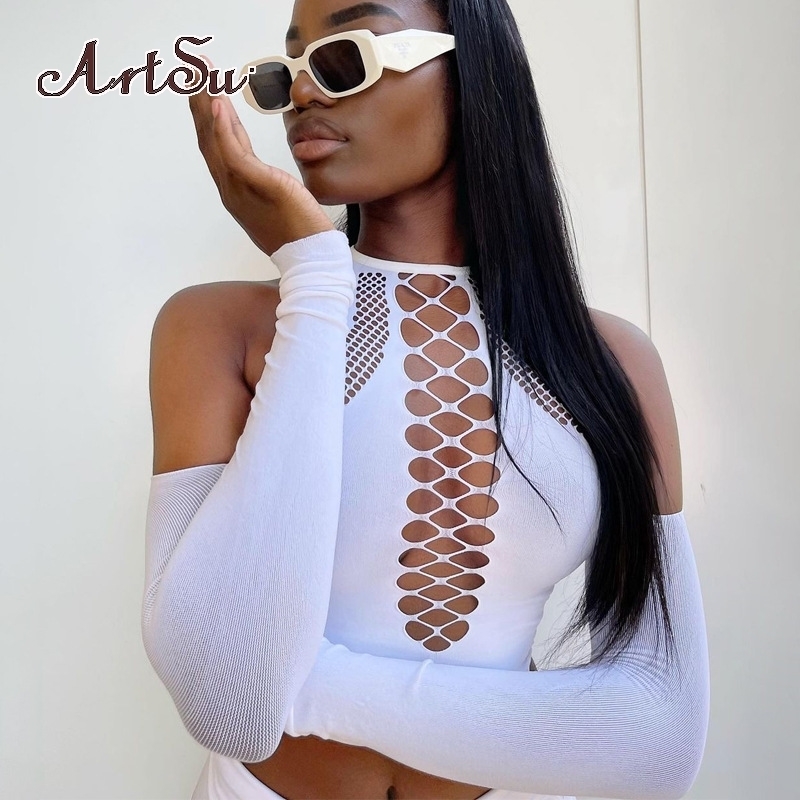 Artsu G Long Sleeves Solid Hollow Out Bandage Sexy Tube Crop Top Summer Autumn Women Fashion Tshirts Club Tees 220321