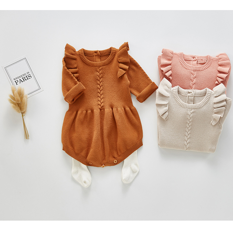 Baby Girls Knitted Bodysuit Spring Infant born Long Sleeve Solid Ruffled Jumpsuit Outfit Set Baby Spring Autumn Clothing 220707