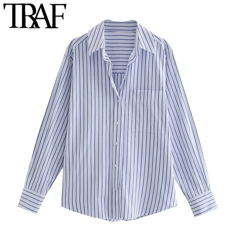 TRAF Women Fashion Office Wear Striped Loose Blouses Vintage Long Sleeve Pockets Female Shirts Chic Tops 210401