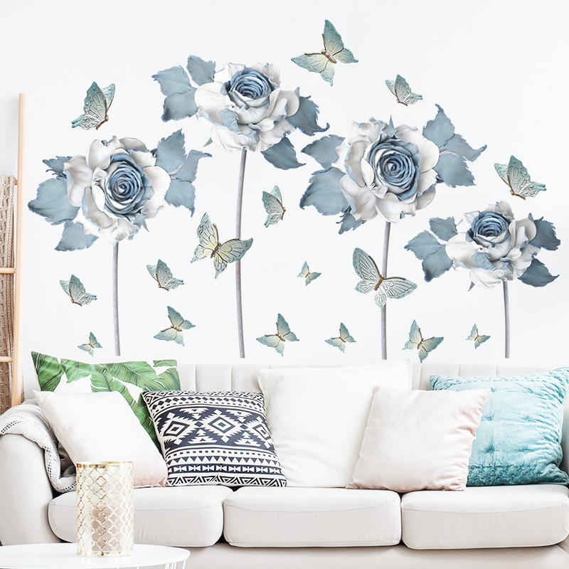 Large White Blue Flower Lotus Butterfly Removable Wall Stickers 3D Wall Art Decals Home Decor Mural Art for Living Room Bedroom