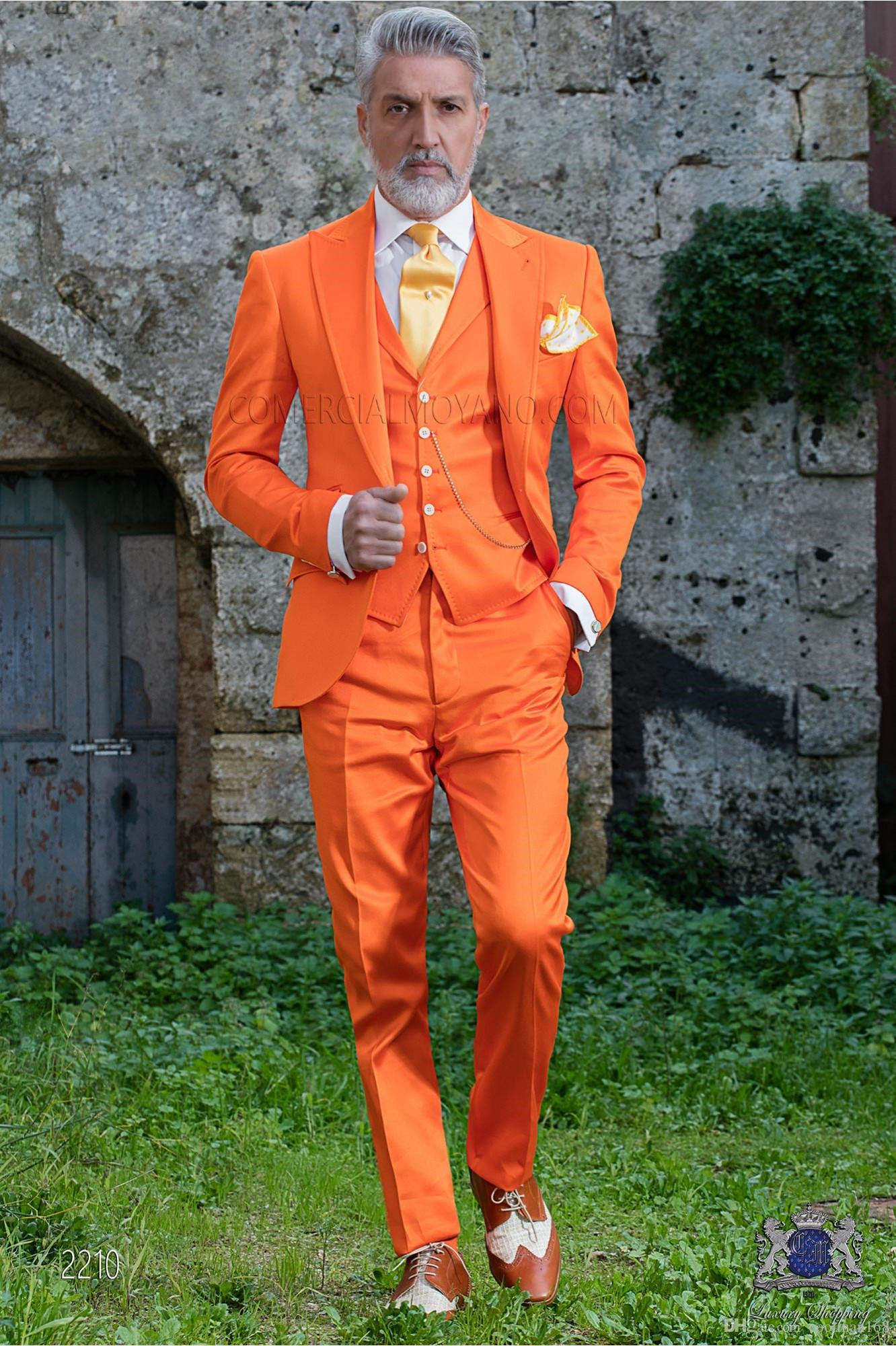 Orange Groom Tuxedos Peak Lapel Groomsmen Mens Wedding Dress Excellent Man Jacket Blazer 3 Piece Suit(Jacket+Pants+Vest+Tie)