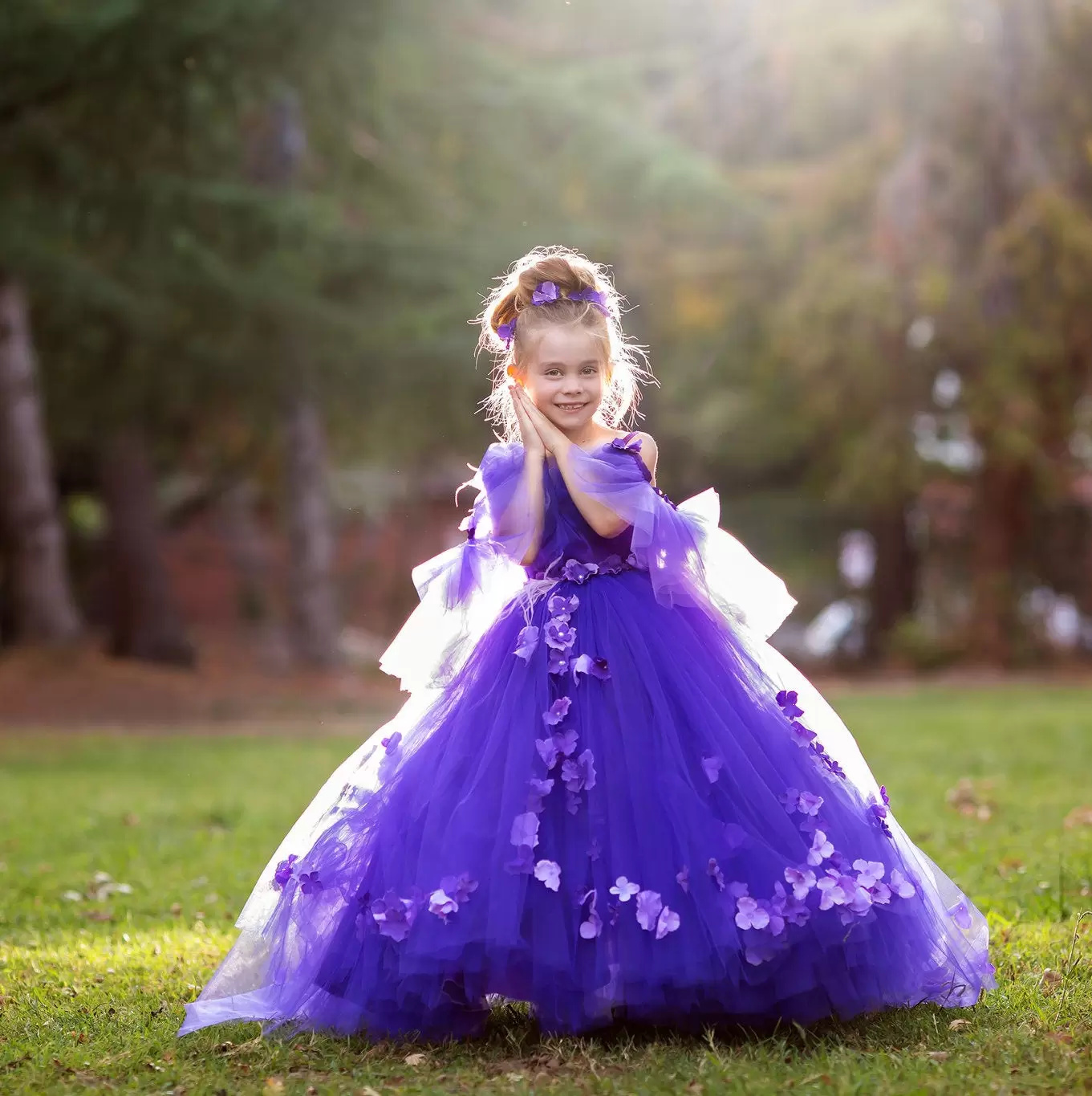 Purple Appliqued Flower Girl Dresses For Weddings Ball Gown Off Shoulder Floral Communion Dresses Birthday Photoshoot Gowns