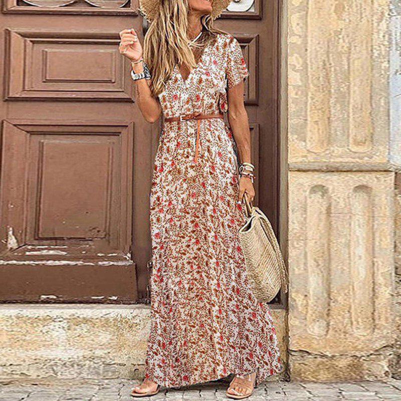 Summer Boho Long Dres Casual Paisley Print Belt Maxi Dress Elegant V Neck Short Sleeve Womens Beach Dress Vestidos D220611
