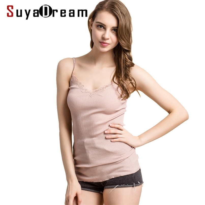 SuyaDream Women Lace Camis 70%Real Silk 30%Cotton Camisoles Spandex knits Soft Basic shirt Vest Solid colors 220316
