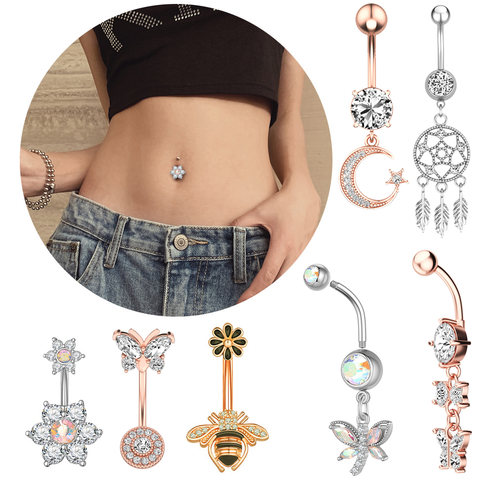 New Surgical Titanium Stainless Steel Belly Button Ring Diamond Butterfly Dangle Navel Barbell Stud for Women Rose Gold Cubic Zirconia Piercing Bling 