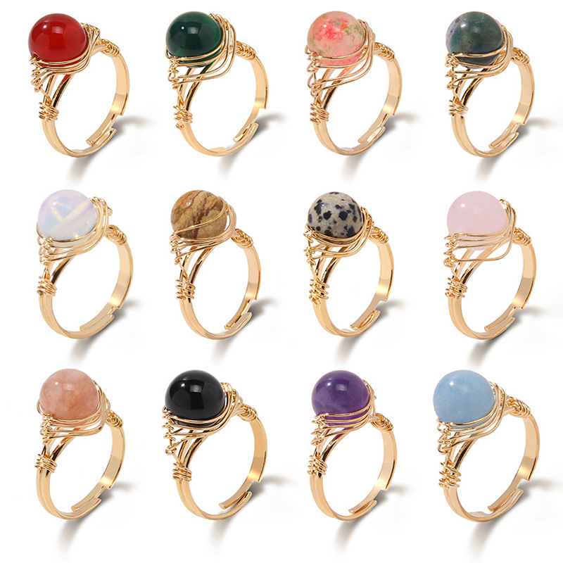 Fashion Natural Crystal Stone Rings Golden Color Wire Wrap Adjustable Open Rings For Women Men Couple Wedding Ring Jewelry Gift