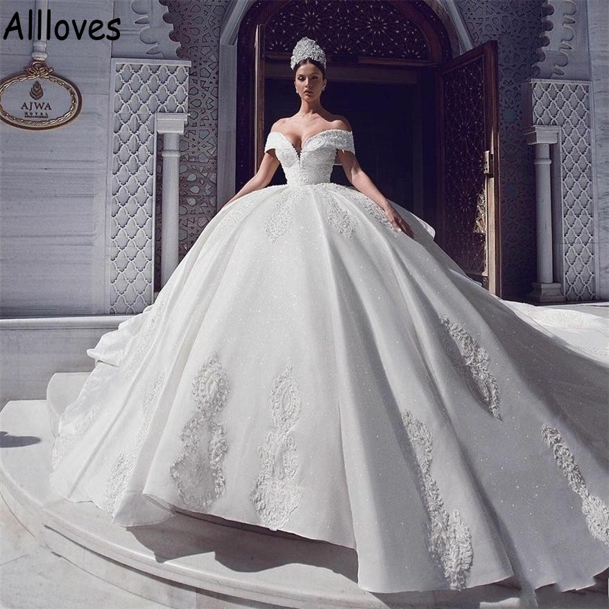Cathedral Amazing Train Tiered Royal Prince Ball Wedding Dree Dubai Arabic Lace Sequined Off Shoulder Puff Bridal Gown Church Formal Vetido CL 6660306