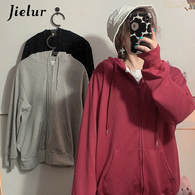 Jielur Brick Red Black Gray Hoodies Female Zip-up Tracksuit Autumn Harajuku Cool Street Fashion Women's Sweatshirt M-XXL 220817