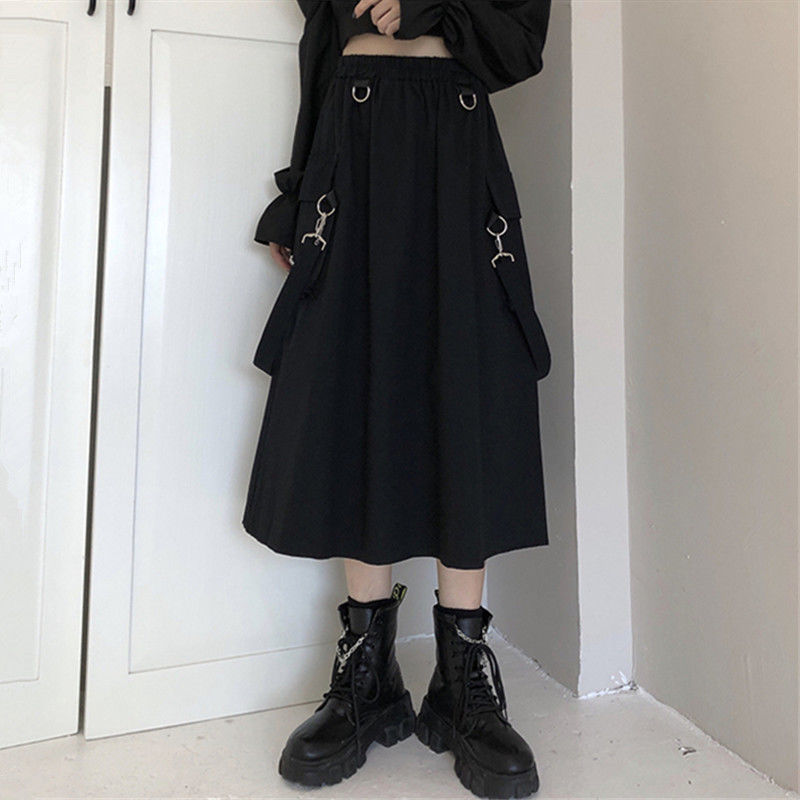HOUZHOU Gothic Long Skirt Women Mall Goth Punk Chain Pocket Loose Strap Black High Waist Midi Grunge Harajuku Streetwear 220322