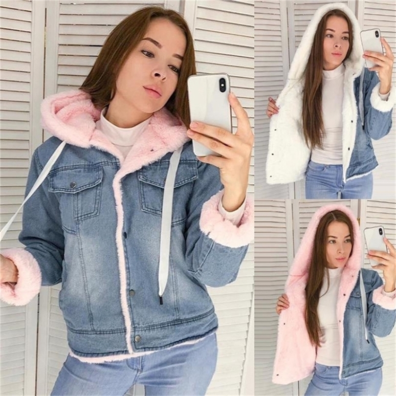 Fur jeans jacket women hooded short autumn winter denim women jacket coat plus size casual warm female coat outwear DR2335 201019