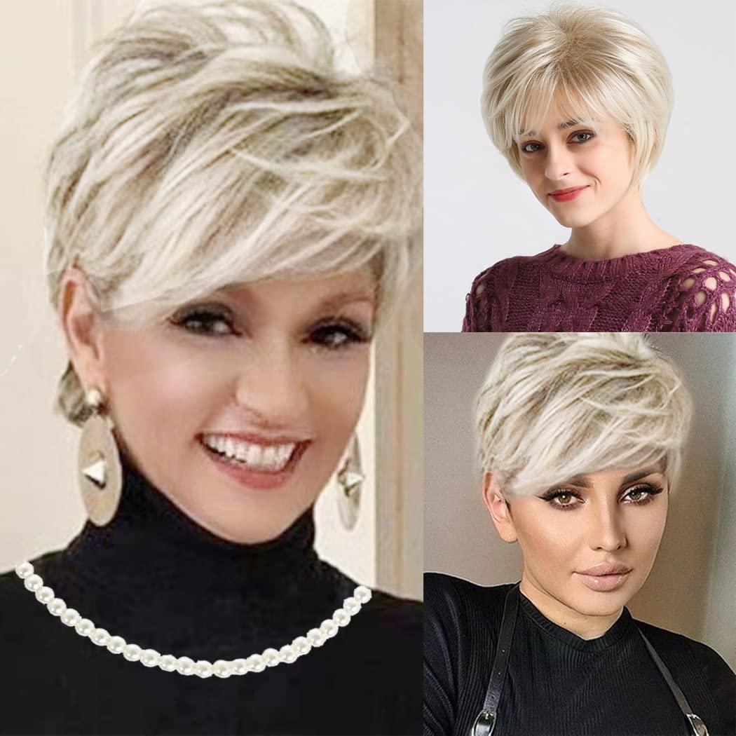 Short Blonde Wigs for Women Layered Synthetic Heat Resistant Pixie Wig for Party Cosplay Use