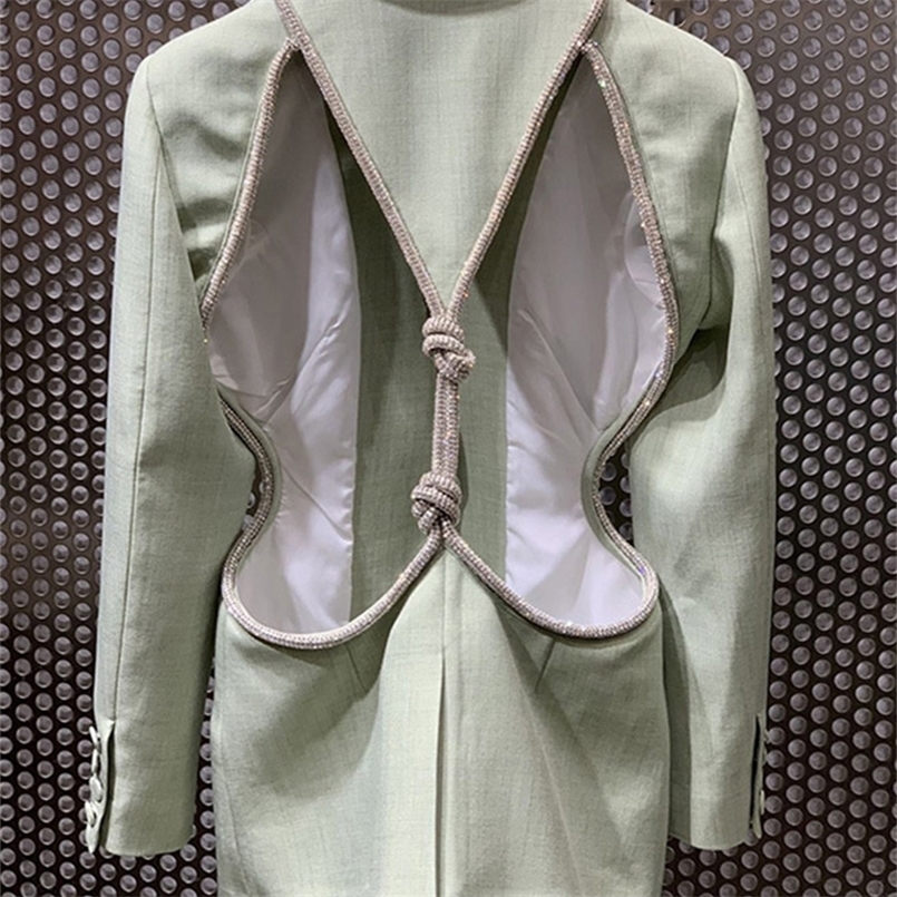 VGH Green Patchwork Diamond Blazer For Women Notched Long Sleeve Backless Hollow Out Casual Straight Blazers Female Fashion 220402