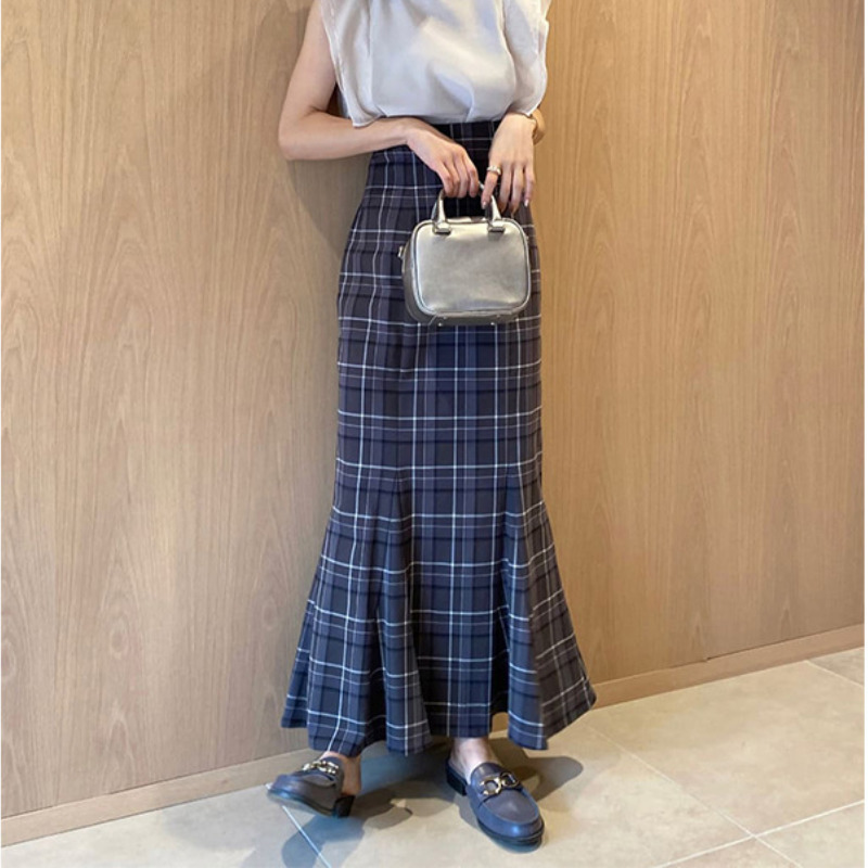 Elegant Bodycon Trumpet Long Faldas Mujer Autumn Casual All Match Skirt Women Japanese Vintage High Waist Plaid Woman Skirts 220317