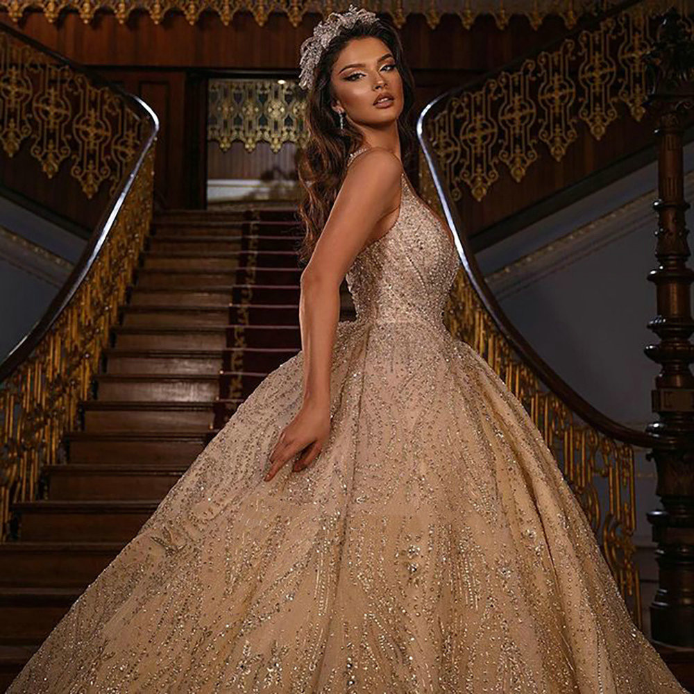 Champagne Princess Ball Wedding Dresses Long Sleeves V Neck Spaghetti Straps Sequins Appliques Lace Ruffles or Length Bridal Gown Plus Size robes de s