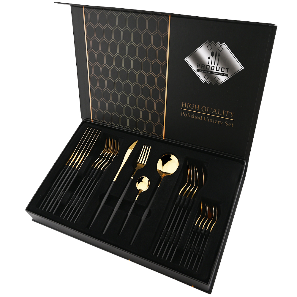 24Pcs Black Gold Dinnerware Set Stainless Steel Cutlery Knife Fork Coffee Spoon Tableware Western Home Kitchen Flatware Set With Gift Box
24Pcs Black Gold Dinnerware Set Stainless Steel Cutlery Knife Fork Coffee Spoon Tableware Western Home Kitchen Flatware Set With Gift Box