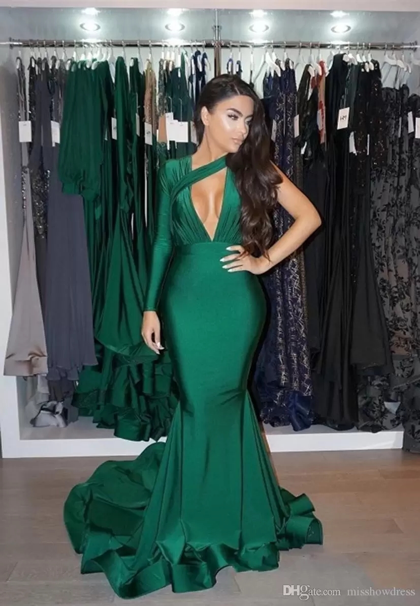 Dark Green One Shoulder Mermaid Prom Dresses 2022 Long Sleeve Ruched Sweep Train Formal Party Evening Gowns BC14036